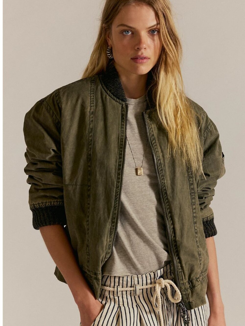 NWT Free People Jax Washed Bomber in Olive
